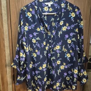 Counterparts Navy Floral Blouse with Yellow and Purple Accents. Box 31